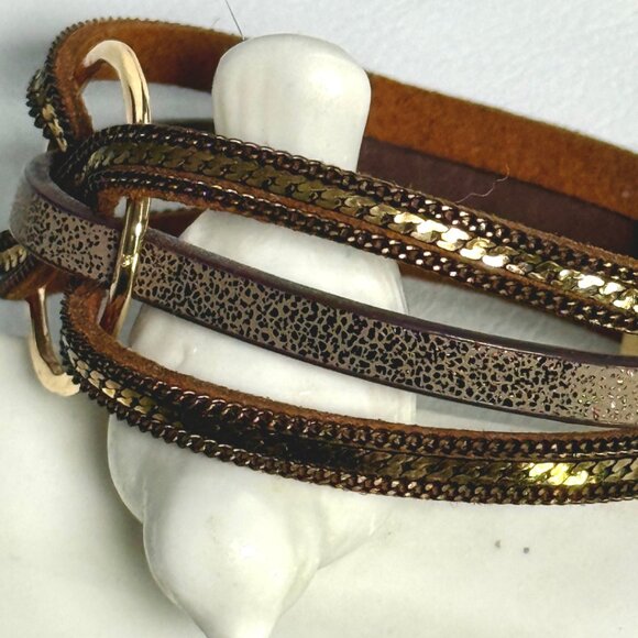 Leather & Gold Magnetic Bracelet | Multi-Strand Wrap | 8" Chic Boho Style - Picture 3 of 6